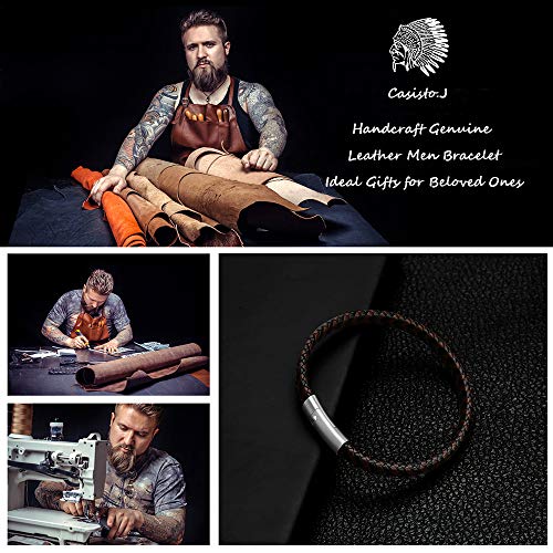 Casisto.J Pulsera cuero hombre - Pulsera trenzada hecha a mano clásica en negro y marrón con cierre magnético grabado Joyas gratis en caja (marrón&negro, 19)