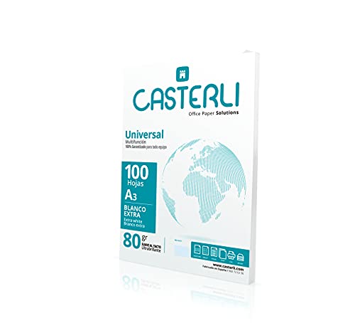 CASTERLI - Folios A3, 100 Hojas Blancas. Tamaño A3, Papel de 80 gr, Extra blanca, Papel multiusos para impresora A3 80gsm (A3, 100 HOJAS)