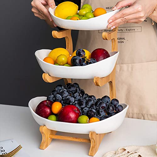 Cesta De Frutas De Bambú,Plato De Frutas De Cerámica De Encimera De 3 Niveles,Soporte De Almacenamiento De Verduras De Gran Capacidad para Aperitivos De Frutas Soporte De Estante De Almacena