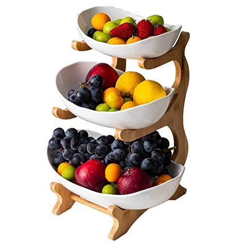 Cesta De Frutas De Bambú,Plato De Frutas De Cerámica De Encimera De 3 Niveles,Soporte De Almacenamiento De Verduras De Gran Capacidad para Aperitivos De Frutas Soporte De Estante De Almacena