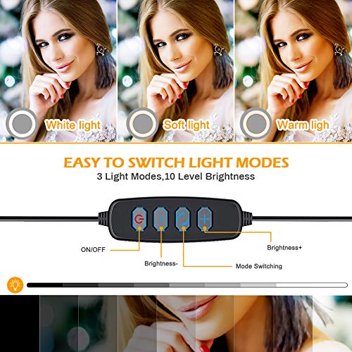 CestMall Selfie Ring Light Soporte para cámara Web para transmisión en Vivo/Maquillaje con Soporte para teléfono/cámara DV, Modo de 3 Luces, lámpara LED de Brillo de 10 Niveles con Soporte