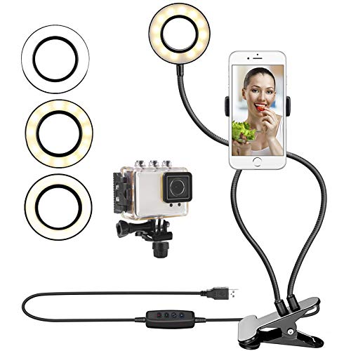 CestMall Selfie Ring Light Soporte para cámara Web para transmisión en Vivo/Maquillaje con Soporte para teléfono/cámara DV, Modo de 3 Luces, lámpara LED de Brillo de 10 Niveles con Soporte