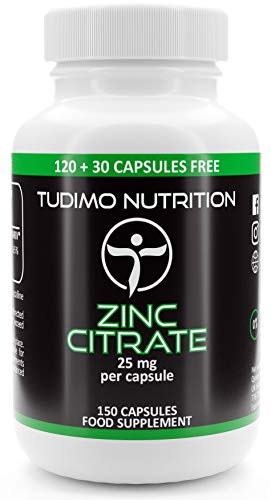 Citrato de Zinc Capsulas 25mg - 150 Cápsulas (5 Meses de provisión) de Desintegración Rápida, Pastillas de Zinc con 25 mg de Polvo de Zinco Suplemento (Zinc Citrate Supplement)