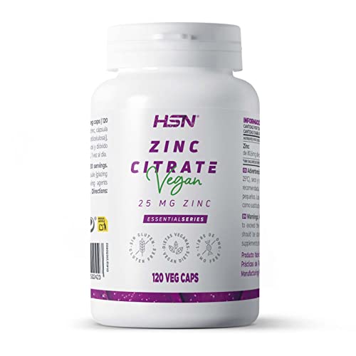 Citrato de Zinc de HSN | 4 Meses de Suplementación con 25mg de Mineral Elemental por Cápsula Vegetal | Forma de Alta Biodisponibilidad | No-GMO, Vegano, Sin Gluten