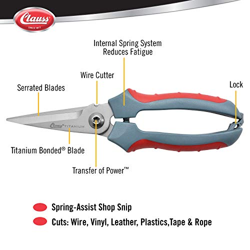 Clauss 18039 8-Inch Titanium Snips with Wire Cutter - Grey/Red