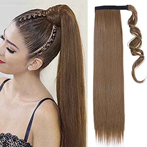 Coleta Postiza Pelo Sintético Se Ve Natural Extensiones de Cabello Clip Larga Postizo de Pasta Mágica Liso Ponytail 55cm Marrón claro