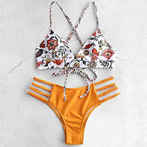 Conjunto de bikini Zaful para mujer compuesto por dos piezas con sujetador ajustable en la espalda y efecto realzador, escote triangular y estampado de flores naranja L