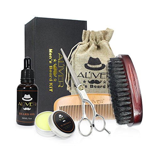 Conjunto de peine y peine para hombre Kit de aseo y barba contiene aceite de barba Bigote y barba Bálsamo Mantequilla Cepillo de barba de barba Peine de barba Set de regalo de tijeras afiladas