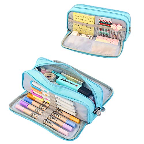 Coolzon Estuche Escolar con 3 Compartimentos, Estuches de Lápices de Gran Capacidad Estuche Organizador Portalapices Neceser Maquillaje para Niñas Niños Adolescentes Estudiantes Adultos, Azul claro