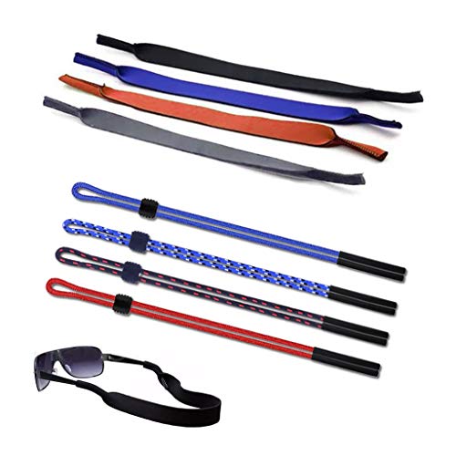 Coriver Paquete de 8 Gafas Correa Banda deportiva, 4 piezas Neopreno Cordón elástico Correa de sujeción Banda y 4 piezas Soporte de gafas ajustable Correa Cable de vidrio