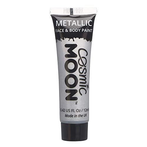 Cosmic Moon - Maquillaje Profesional de Pintura Facial Activada con Agua para el Rostro y el Cuerpo - 12ml - ¡Crea diseños profesionales con pintura facial metálica! - Incluye: Plata