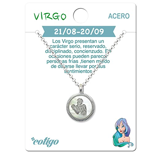 cotigo Collar Zodiaco Acero Inoxidable con Nácar hermosa Tarjeta Significado Signo Zodiacal Colgante Horóscopo Virgo Para mujer Hombre Regalo Cumpleaños Día de madre San Valentín (Virgo)