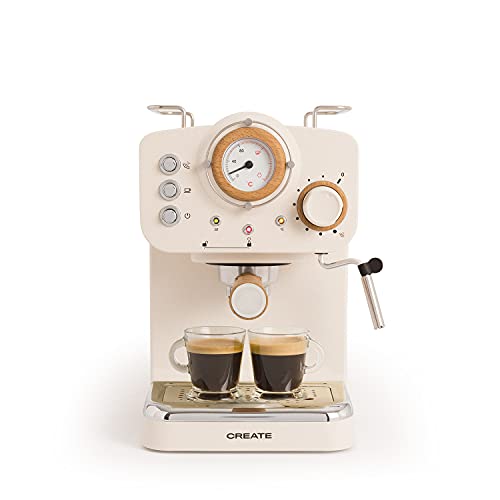 CREATE / THERA MATT RETRO / Cafetera Express para Espresso y Cappucino Crema / 1100W, 15 Bares, Vaporizador Orientable, capacidad 1.25l, Café Molido y Monodosis, Con Doble Salida, Mate