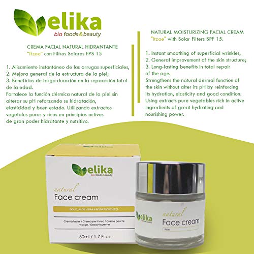 Crema Facial Natural “Itzae” Elikafoods ®, Filtros Solares FPS15, Hidratante, Reafirmante. Ingredientes Naturales: Colágeno y Elastina, Extracto de Alga, Polvo de Oro, Aloe Vera y Rosa Mosqueta. 50ml.