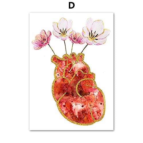 DASHBIG Cuadros decoraciónCorazón Pulmón Flor Órgano Anatomía Humana Arte de la Pared Pintura en Lienzo Carteles nórdicos e Impresiones Imágenes de Pared para médicos de Oficina | 30x42cmx6Sin Marco