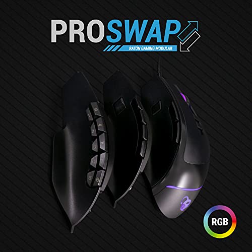 Deep Gaming ProSwap, Ratón Modular USB con 3 Paneles Laterales Intercambiables (3, 5 y 10 Botones), luz RGB, Sensor óptico Pixart 3325, 500FPS, 100IPS, 1000Hz, Switches Huano, Peso Regulable