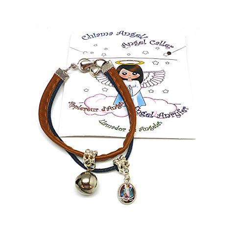 DELL'ARTE Pulsera católica con llamador de ángeles de cuero con medalla y campana