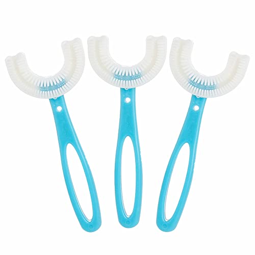 Derhom [Paquete de 3] Cepillo Para Dientes de Boca Entera en Forma de U Para Niños [Limpieza Integral] [Gomas de Masaje con Cerdas de Silicona] [Adecuado Para Niños] (6-12 Años, Azul)