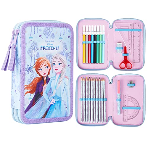 Disney Frozen 2 Estuche Escolar, Con Material Escolar de Anna y Elsa, Estuches Escolares 2 Compartimentos con Lapices Colores Rotuladores, Regalos Para Niñas