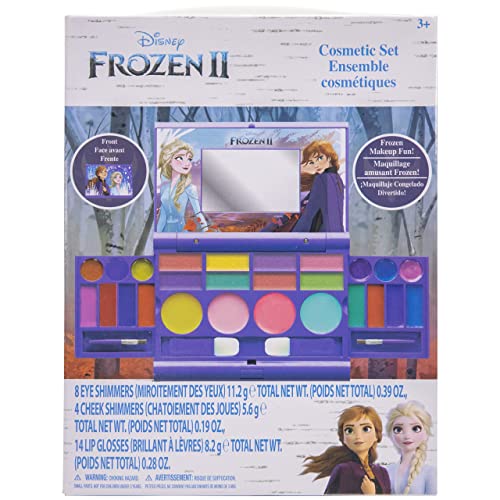 Disney Frozen - Townley Girl Set cosmético compacto con espejo 14 brillos de labios, 4 brillos corporales, 6 pinceles, colorido, plegable, lavable, maquillaje, kit de belleza para niñas.