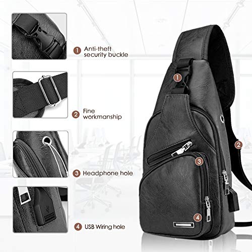 DIYARTS Bolso Cuero Sling Vintage PU Impermeable Pecho Bolsa Hombres Casual Multipropósito Paquete Crossbody Con Puerto Carga USB Para Ciclismo Senderismo Negocios Aire Libre (Black)