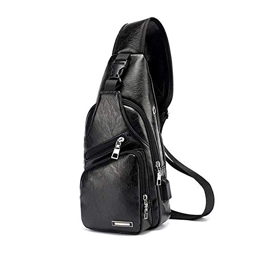 DIYARTS Bolso Cuero Sling Vintage PU Impermeable Pecho Bolsa Hombres Casual Multipropósito Paquete Crossbody Con Puerto Carga USB Para Ciclismo Senderismo Negocios Aire Libre (Black)