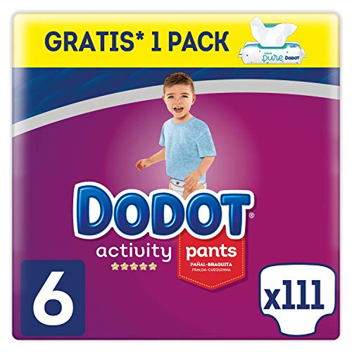 Dodot Pañales Bebé Activity Pants Talla 6 (+15 kg), 111 Pañales + 1 Pack de 48 Toallitas Dodot Aqua Pure de Regalo