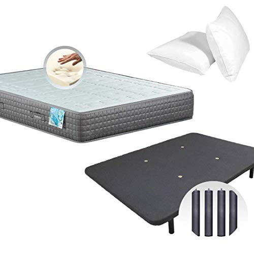 Dulces Sueños Pack COLCHON VISCOELASTICO Premium + Base TAPIZADA 3D + Patas + Almohada VISCO (105 x 190)