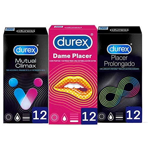 Durex Placer Prolongado 12 Condones + Dame Placer 12 Condones + Mutual Climax 12 Condones - Pack Durex 36 Condones