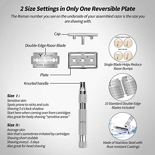 EASACE Cuchilla de Doble Filo Kit de Maquinilla de Afeitar para Hombres Mujeres Afeitado Húmedo+1 Soporte+1 Cepillo de Limpieza+10 Cuchillas de Doble Filo de Acero Inoxidable (Plata)