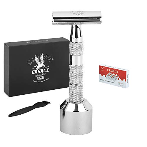 EASACE Cuchilla de Doble Filo Kit de Maquinilla de Afeitar para Hombres Mujeres Afeitado Húmedo+1 Soporte+1 Cepillo de Limpieza+10 Cuchillas de Doble Filo de Acero Inoxidable (Plata)