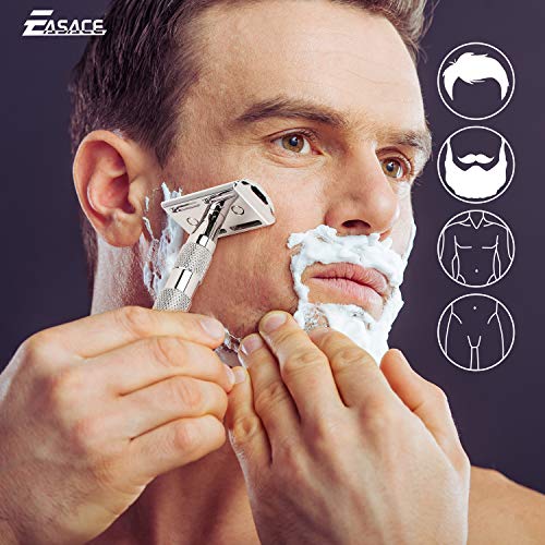 EASACE Cuchilla de Doble Filo Kit de Maquinilla de Afeitar para Hombres Mujeres Afeitado Húmedo+1 Soporte+1 Cepillo de Limpieza+10 Cuchillas de Doble Filo de Acero Inoxidable (Plata)