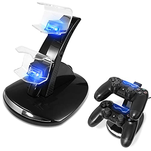 Eaxus® Estación de Carga del Controlador Adecuada para PS4 - Docking Station con iluminación LED y USB Compatible con Playstation 4