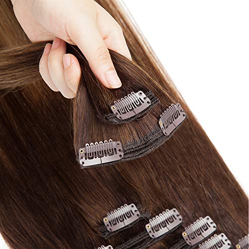 Elailite Extensiones Pelo Natural Clip Cabello Humano 8 Piezas Remy Doble Volumen [Max Grueso] - 35cm 120g 4T27P4#Castaño Rubio Ombre Marrón