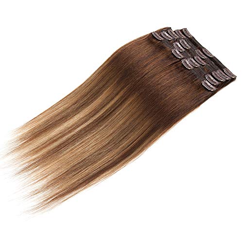 Elailite Extensiones Pelo Natural Clip Cabello Humano 8 Piezas Remy Doble Volumen [Max Grueso] - 35cm 120g 4T27P4#Castaño Rubio Ombre Marrón