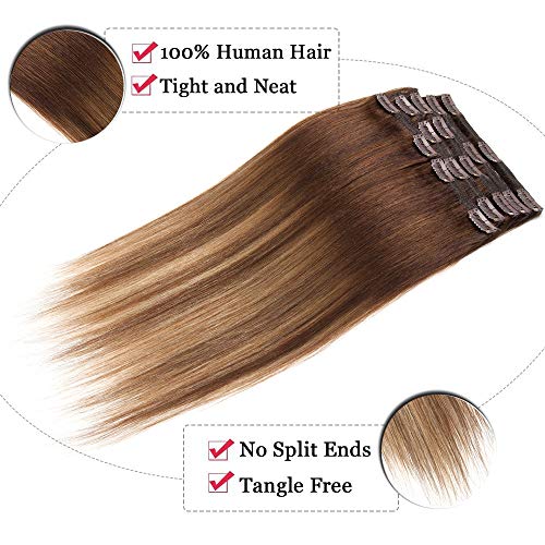 Elailite Extensiones Pelo Natural Clip Cabello Humano 8 Piezas Remy Doble Volumen [Max Grueso] - 35cm 120g 4T27P4#Castaño Rubio Ombre Marrón