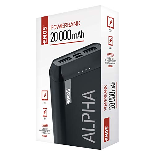 Emos B0523B Alpha Powerbank 20000 mAh/Batería Externa/Cargador/PASSthrough/salida2×USB+USB-C/Entrada microUSB+USB-C/2 en 1/AutoON/Off/para teléfono móvil, Tableta, iPhone, iPad, Galaxy,Huawei