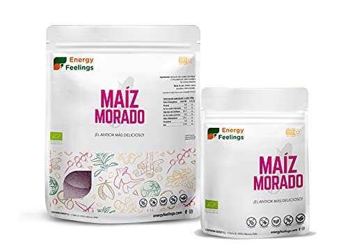 Energy Feelings Harina de Maíz Morado Ecológico, Antioxidante, Colorante Alimentario Natural para Repostería, Pan, Yogur, Chicha Morada, Harina de Maíz Sin Gluten, Vegana Sin Azúcar Añadido, 1 Kg