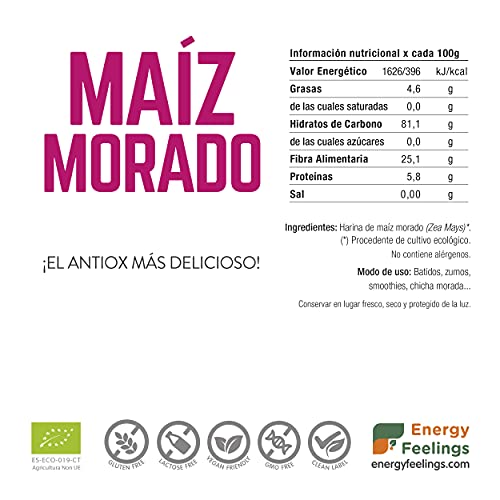 Energy Feelings Harina de Maíz Morado Ecológico, Antioxidante, Colorante Alimentario Natural para Repostería, Pan, Yogur, Chicha Morada, Harina de Maíz Sin Gluten, Vegana Sin Azúcar Añadido, 1 Kg