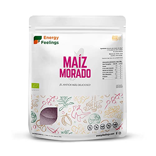 Energy Feelings Harina de Maíz Morado Ecológico, Antioxidante, Colorante Alimentario Natural para Repostería, Pan, Yogur, Chicha Morada, Harina de Maíz Sin Gluten, Vegana Sin Azúcar Añadido, 1 Kg