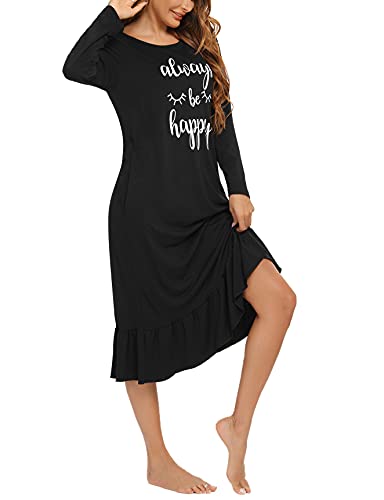 Enjyam Camisón Mujer Algodón Camisones Manga Larga Ropa de Dormir Interior Vestidos Pijama Comodo Suave Transpirable Casual Otoño Primavera Invierno