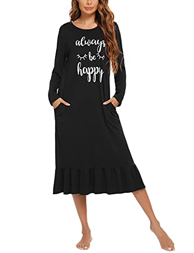 Enjyam Camisón Mujer Algodón Camisones Manga Larga Ropa de Dormir Interior Vestidos Pijama Comodo Suave Transpirable Casual Otoño Primavera Invierno