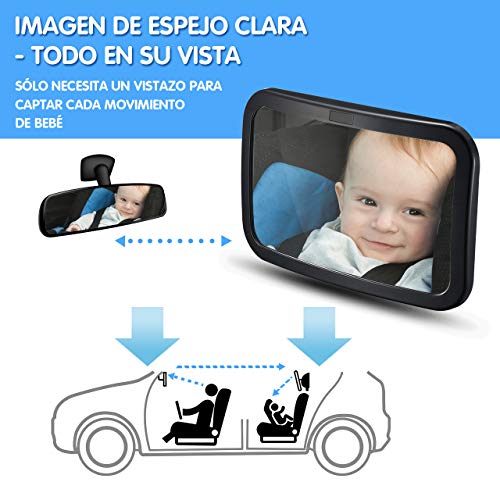 Espejo Retrovisor Bebé para Vigilar al Bebé en Coche, Espejo para Monitor de Bebé 360° Giratorio e Inclinable, Espejo Coche de Bebé 100% Inastillable, Correas Elásticas Ajustables y Instalación Fácil