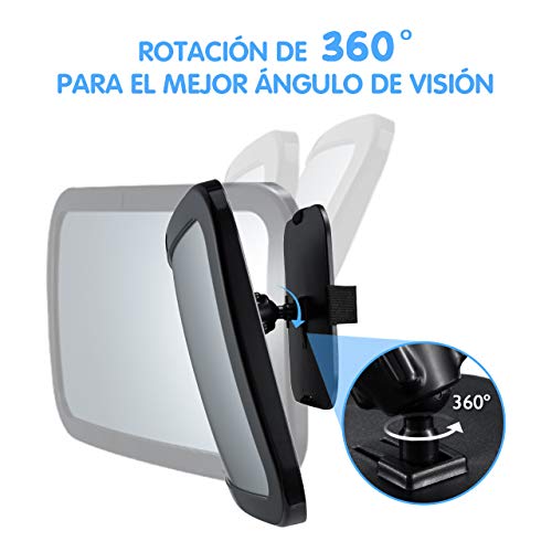 Espejo Retrovisor Bebé para Vigilar al Bebé en Coche, Espejo para Monitor de Bebé 360° Giratorio e Inclinable, Espejo Coche de Bebé 100% Inastillable, Correas Elásticas Ajustables y Instalación Fácil