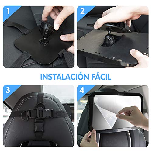 Espejo Retrovisor Bebé para Vigilar al Bebé en Coche, Espejo para Monitor de Bebé 360° Giratorio e Inclinable, Espejo Coche de Bebé 100% Inastillable, Correas Elásticas Ajustables y Instalación Fácil