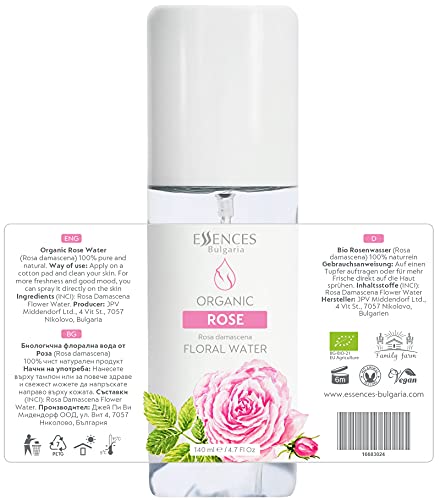 Essences Bulgaria Agua Floral Orgánica de Rosa de Damasco, 100% Natural, Máxima Calidad de Nuestra Propia Empresa Familiar, Spray Como Tónico Facial, Tónico Capilar etc. (140 ml)