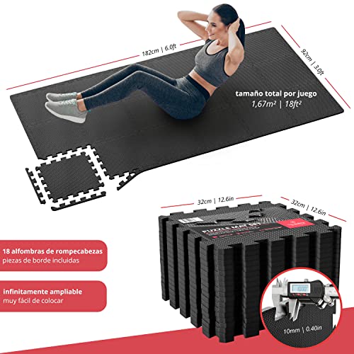 Esterilla Puzzle para Suelos de Gimnasio y Fitness | Set de Protección de Goma Espuma, Alfombrilla Protectora Expandible de 18 Losas + Bordes | Colchonetas para Máquinas de Deporte, Fácil de Limpia