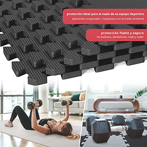 Esterilla Puzzle para Suelos de Gimnasio y Fitness | Set de Protección de Goma Espuma, Alfombrilla Protectora Expandible de 18 Losas + Bordes | Colchonetas para Máquinas de Deporte, Fácil de Limpia