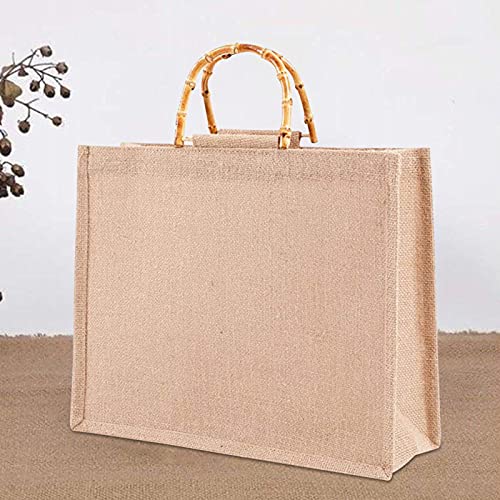 Everpert Bolsa de Arpillera con Asas, Bolsa Compra Yute, Asas de Bambú para Bolso, Bolsa de Regalo Mediana, Bolsa de la Compra Reutilizable y Plegable, Ideal para Playa, Reuniones, Bodas (39*31*15cm)