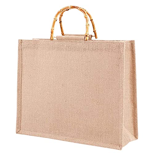 Everpert Bolsa de Arpillera con Asas, Bolsa Compra Yute, Asas de Bambú para Bolso, Bolsa de Regalo Mediana, Bolsa de la Compra Reutilizable y Plegable, Ideal para Playa, Reuniones, Bodas (39*31*15cm)